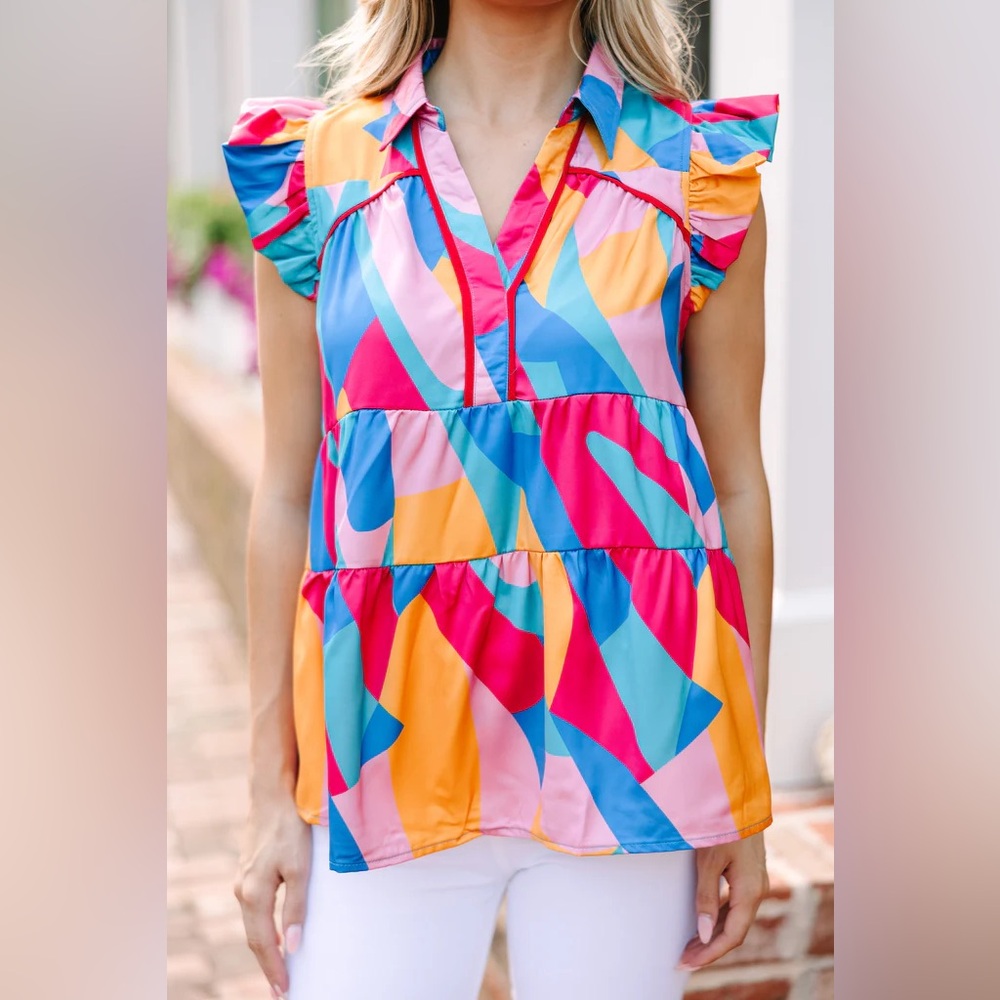 Abstract Colorful Geometric Ruffle Sleeve Top L Large Umgee - Picture 5 of 10